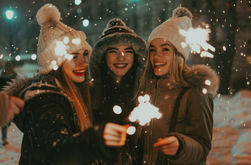 Young friends having fun with sparklers on New Year's Eve, celebrating the winter holiday in the city street, enjoying the festive party together