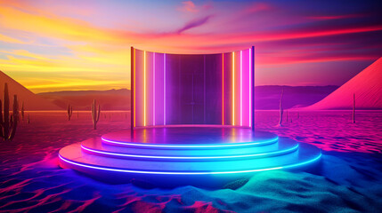 neon-lit futuristic gateway in a desert landscape at sunset. Generative AI	