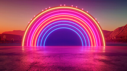 Fototapeta na wymiar Vibrant Neon Rainbow Archway at Sunset in a Surreal Desert Landscape. Generative AI 