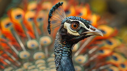 A majestic peacock displaying its vibrant plumage, its feathers fanned out in a dazzling array of colors in the summer sunlight