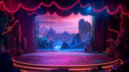 Majestic Purple Curtain Reveal to a Fantasy Landscape at Twilight. Generative AI	