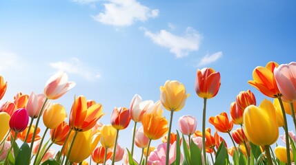 Fototapeta premium A Vibrant Display of Colorful Tulips Under a Clear Blue Sky