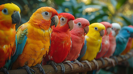 A vibrant array of exotic pet birds, including parrots, parakeets, and macaws, lined up in a row, their colorful plumage shining in
