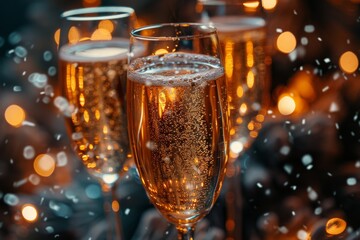 Elegant champagne flutes filled with sparkling bubbly champagne, capturing the essence of celebration and luxury