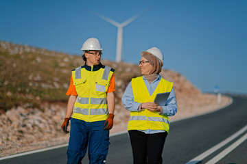 A engineer with a tablet and her colleague inspect wind turbines in a field, demonstrating teamwork and dedication to renewable energy projects