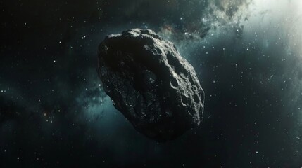 Asteroid floating silently in the void of space, against the backdrop of inky darkness