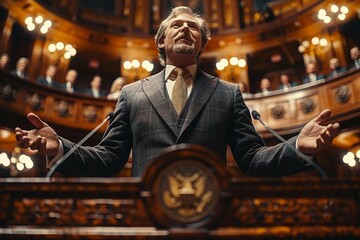 A dynamic image of a speaker making gestures during a passionate speech in a parliament setting, showcasing the intensity of political discussions - obrazy, fototapety, plakaty