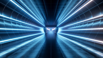 Futuristic Blue Neon Lighted Tunnel with Reflective Floo. Generative AI		