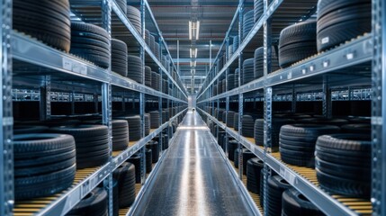 Spacious warehouse filled with an abundant supply of fresh car tires