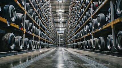 Spacious warehouse filled with an abundant supply of fresh car tires - obrazy, fototapety, plakaty