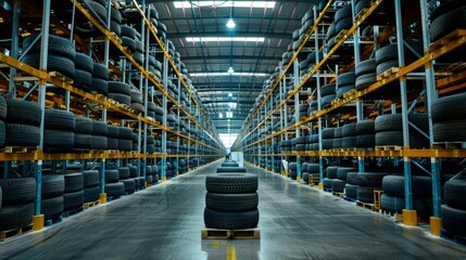 Spacious warehouse filled with an abundant supply of fresh car tires - obrazy, fototapety, plakaty