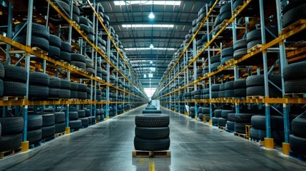 Fotobehang Spacious warehouse filled with an abundant supply of fresh car tires © AlfaSmart