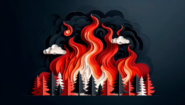 Three-dimensional paper art of a wildfire, a dramatic representation of natural disasters, ideal for awareness on climate change and environmental education.