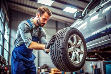 male worker at a service station, servicing a car