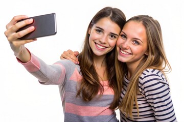 two friends joyfully take a selfie together on a white background