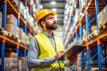 a worker checks goods in a warehouse and checks them