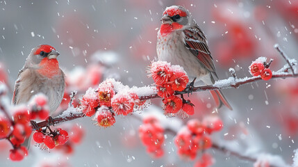 Against a backdrop of falling snowflakes, European Finch birds perch gracefully on a frosty branch, creating a tranquil winter tableau
