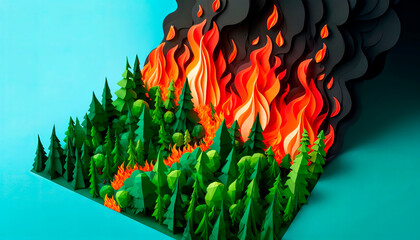 Vivid paper art of a forest fire, depicting the intensity and danger of wildfires, perfect for environmental campaigns and educational use to raise awareness. - obrazy, fototapety, plakaty
