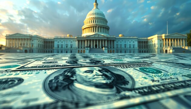 Fiscal Policy Projections, Illustrate the economic forecast for fiscal policies such as government spending, taxation, and budget deficits with images of government officials, budget discussions