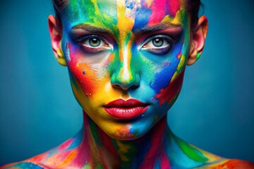girl with paint on her face on blue