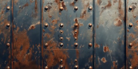 This image captures the aged and weathered texture of a corroded metal door, adorned with rivets, expressing a sense of time's effect
