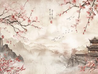 A Chinese painting depicting high mountains and clouds, as well as pavilions