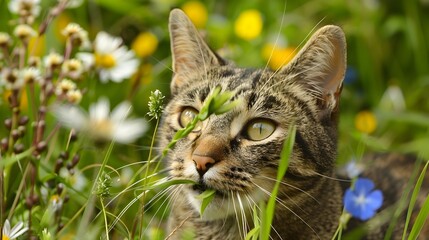 Mischievous Tabby Cat Holding Grass in Its Mouth,Surrounded by Vibrant Wildflowers in a Lush Meadow Landscape