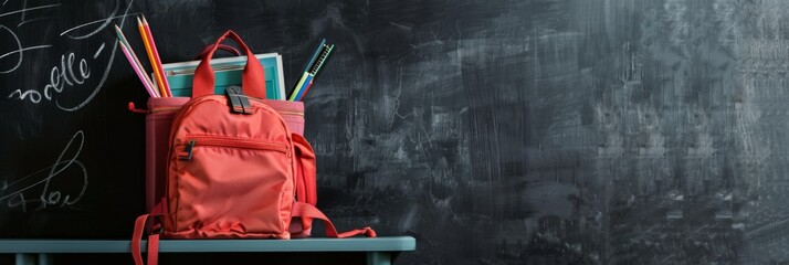 Backpack filled with school supplies located on chalkboard background - Powered by Adobe