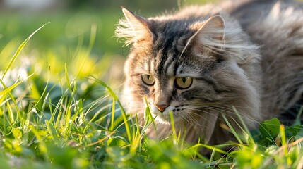 Naklejka na ściany i meble Fluffy Domestic Cat Nibbling on Fresh Green Grass in Sunlit Garden