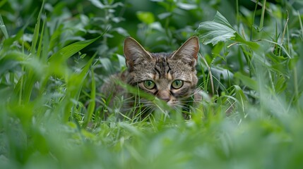 Naklejka na ściany i meble Feline Camouflage:A Cat's Playful Hideaway in the Lush Green Grass Field