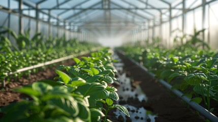Rows of crops growing in an agricultural greenhouse illuminated by artificial light - obrazy, fototapety, plakaty