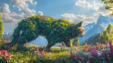 Feline Fusion:Fantastical Feline Blending Nature's Vibrant Tapestry in Surreal Meadow Landscape - obrazy, fototapety, plakaty
