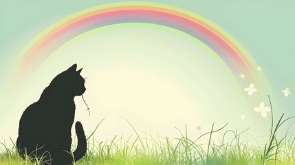 Peaceful Cat Silhouette Resting in Lush Garden Under Vibrant Rainbow