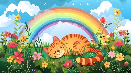 Obraz premium Peaceful Garden Scene with Contented Cat Eating Grass under Vibrant Rainbow