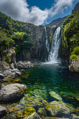 Naklejka na ściany i meble New Zealand's Wilderness Marvels: A Tranquil Waterfall Amidst Pristine Greenery