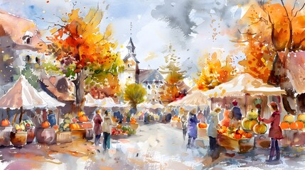 Vibrant Autumn Village Market with Bustling Locals and Seasonal Decor