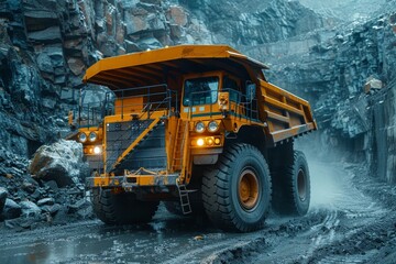 An imposing, heavy-duty mining truck driving through a rocky quarry with dust trailing behind