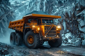A large, robust mining truck carrying a load of ore with its bed raised amidst a rocky quarry, showcasing industry and machinery