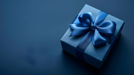 small Luxury gift box with a blue bow on dark blue Side view monochrome  Fathers day or Valentines day gift for him Corporate gift concept or birthday party Festive sale copy space : Generative AI