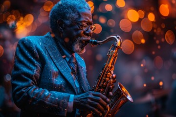 An elderly musician expertly plays a saxophone, his experience showcased under vibrant stage lights