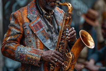 Close-up of a jazz musician hands playing saxophone, captured with a vintage outfit and bokeh background