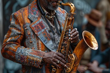 Obraz premium Close-up of a jazz musician hands playing saxophone, captured with a vintage outfit and bokeh background