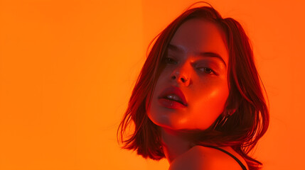 Record voice message Flyer with young beautiful girl posing isolated on orange background in neon light filter Concept of emotions facial expression youth aspiration sales Copy space f : Generative AI