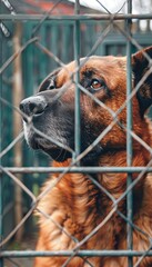 Lonely stray dog in shelter cage  abandoned puppy, hungry and hopeful, awaits reunion