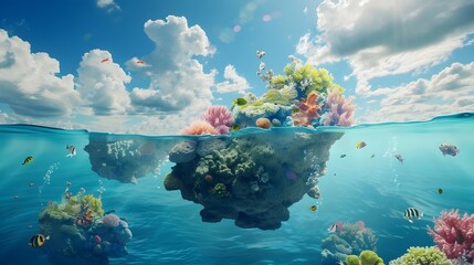 Dreamlike Seascape: Floating Islands of Coral and Marine Life Create a Magical Underwater World Above the Surface - obrazy, fototapety, plakaty