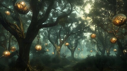 Ancient Forest Mystically Illuminated by Ethereal Orbs - obrazy, fototapety, plakaty
