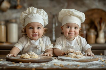 Children are having fun making bakery goods in the kitchen.