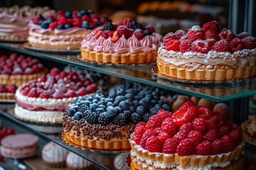 Overhead view of assorted berry tarts, beautifully arranged and ready for purchase in a dessert shop - obrazy, fototapety, plakaty