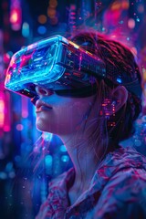 A woman immersed in virtual reality with a headset on, exploring a digital environment.