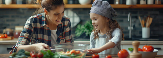 Mother and child are having fun cooking in the kitchen.